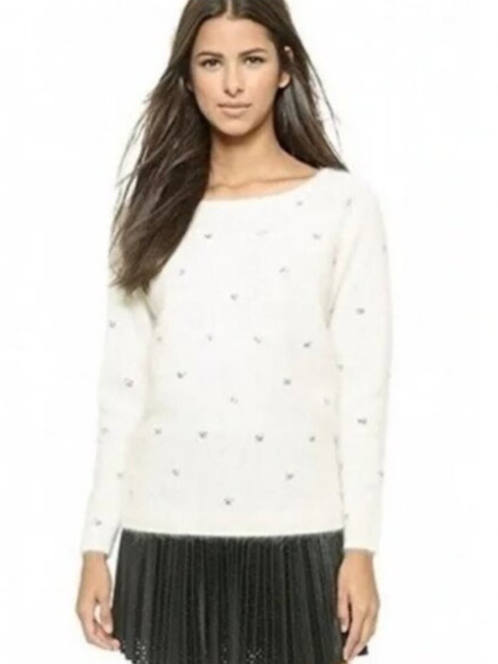 🛍 Club Monaco Rhinestone Embellished Angora Fuzzy Sweater in Off White Size S